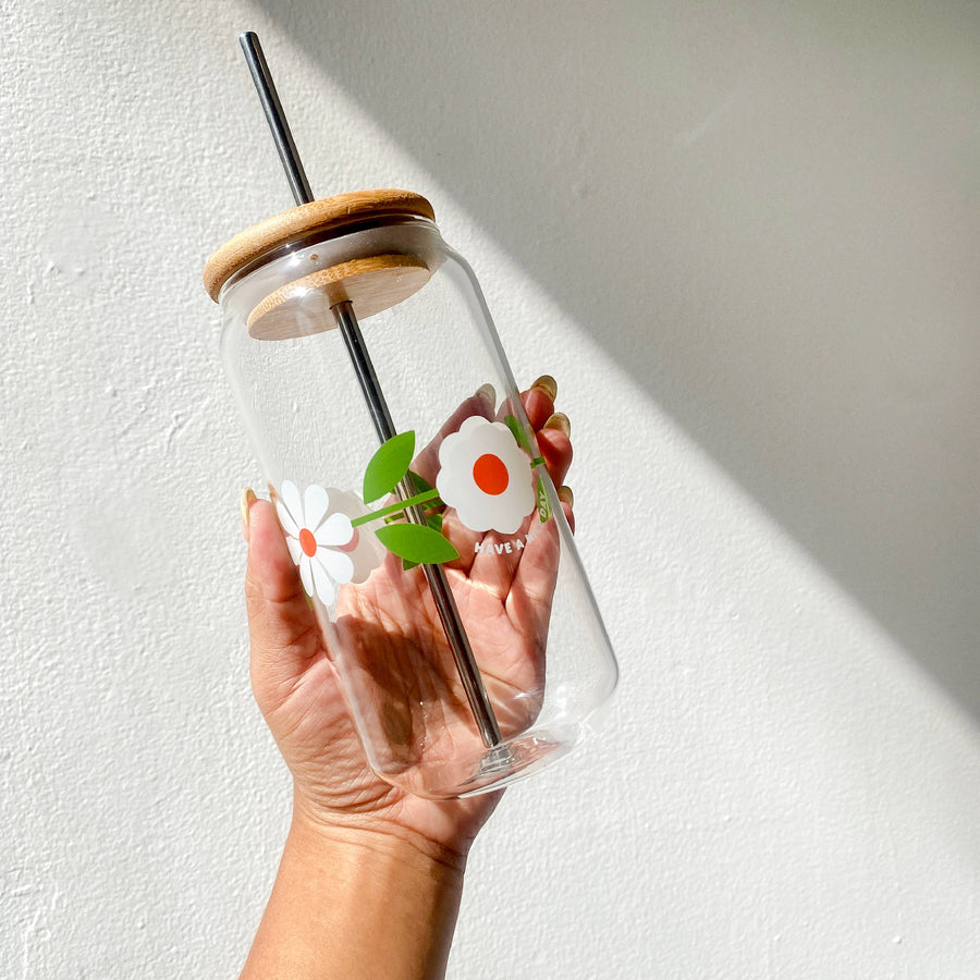 Growth Flower Glass Cup w/ Straw - 16oz